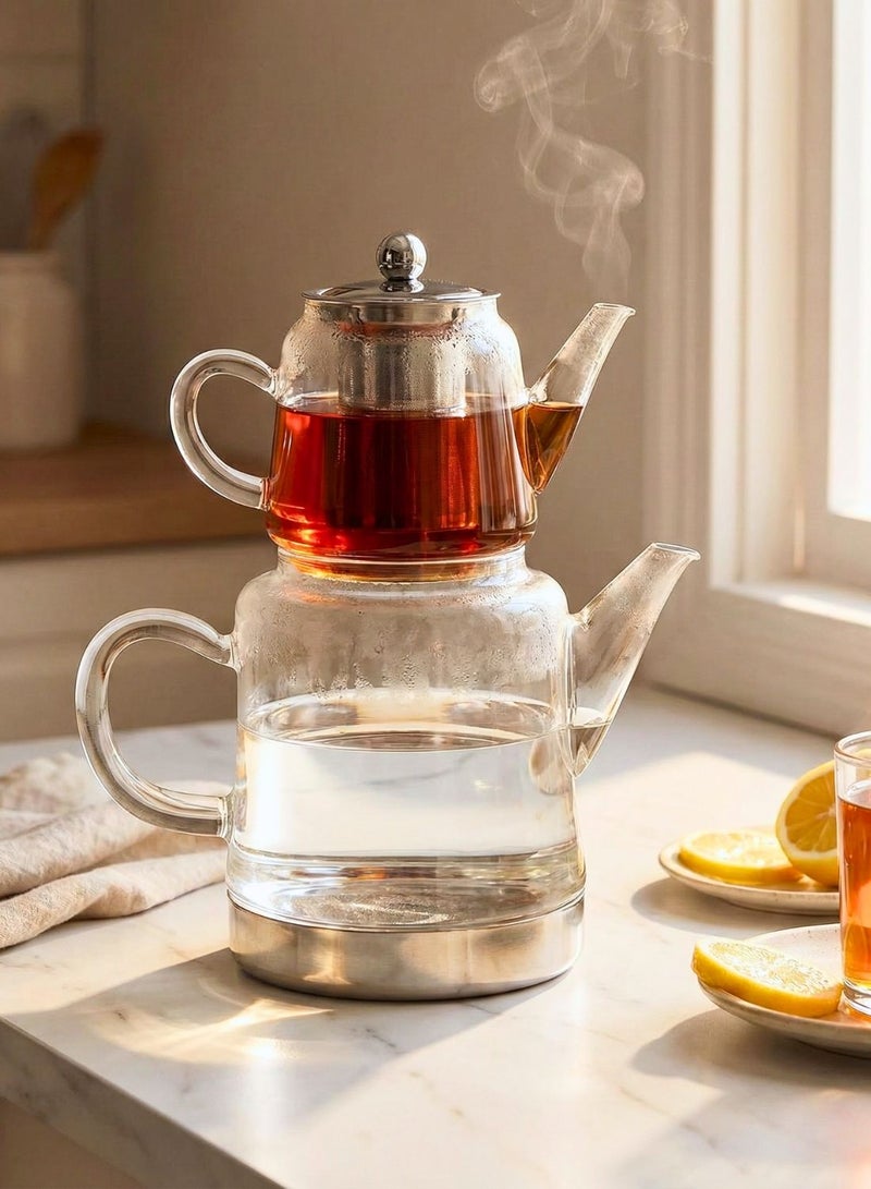 1 تشيس طقم إبريق شاي تركي من زجاج البوروسيليكات، سعة 450 مل، وغلاية سعة 1500 مل - Image 2